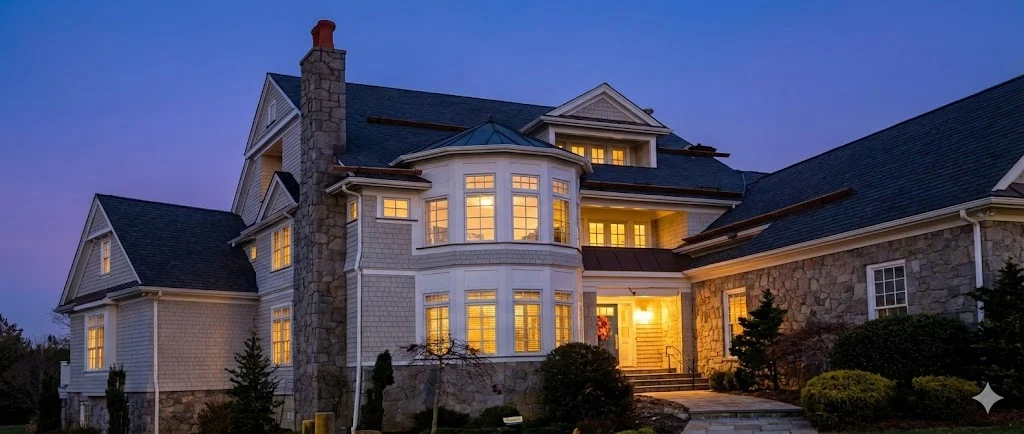 Luxury Fairfield County home with premium roofing at twilight